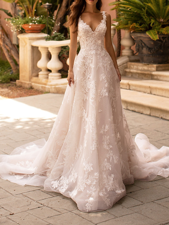 Gorgeous Floral Lace V-Neck Aline Wedding Gowns Sleeveless Bridal Dress-newarrivaldress