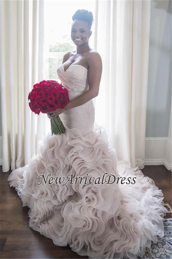 Sleeveless Sweetheart Sexy Open Back Sheath Ruffles Organza Court Train Wave Design Wedding Dresses Online-newarrivaldress