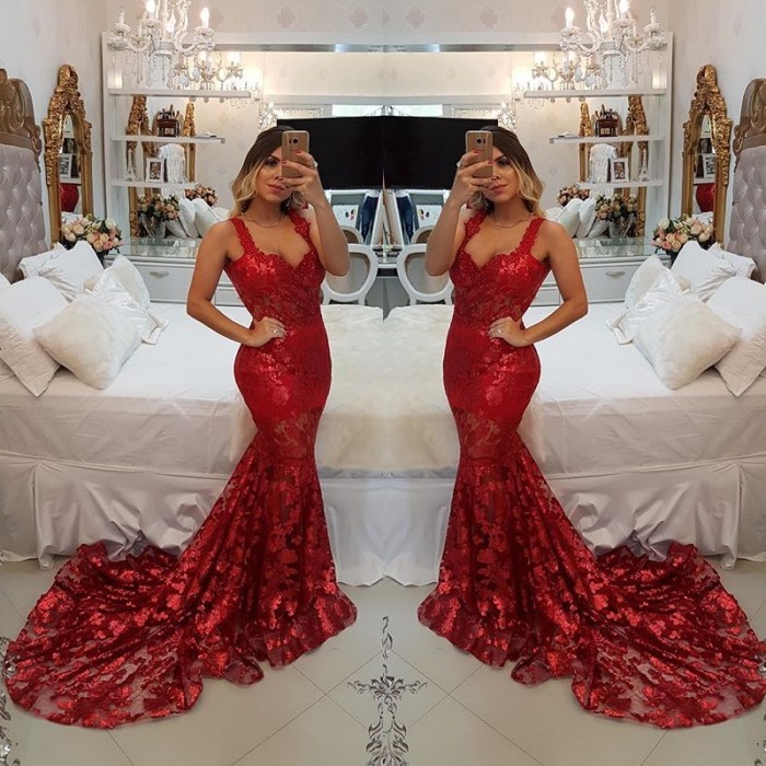 Modest Red Straps Mermaid Sweep Train Evening Dress | Lace Party Gown-newarrivaldress