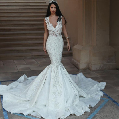 Elegant V-Neck Sleeveless Wedding Dresses | Mermaid Lace Bridal Gowns with Buttons BA9550-newarrivaldress