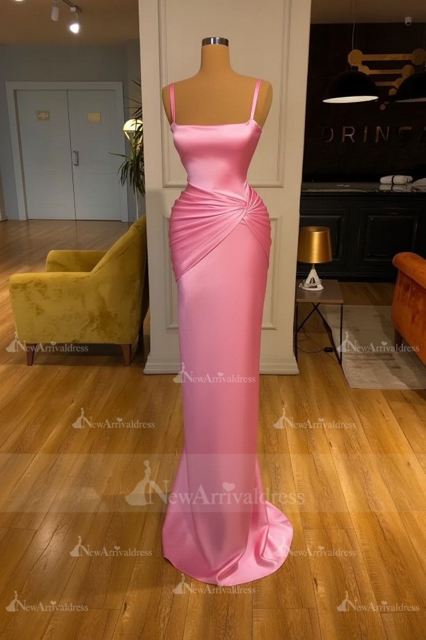 Chic Sky Blue Square Neck Slim Evening Party Wear Dress Sleeveless Satin Prom Dress