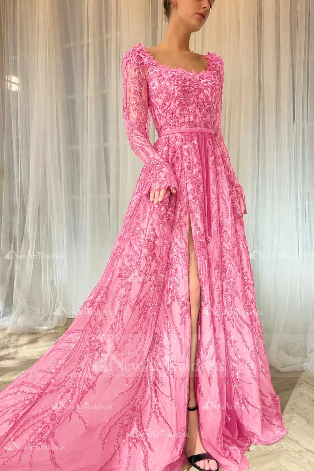 Elegant Black Sequins Aline Evening Dress with Sleeves