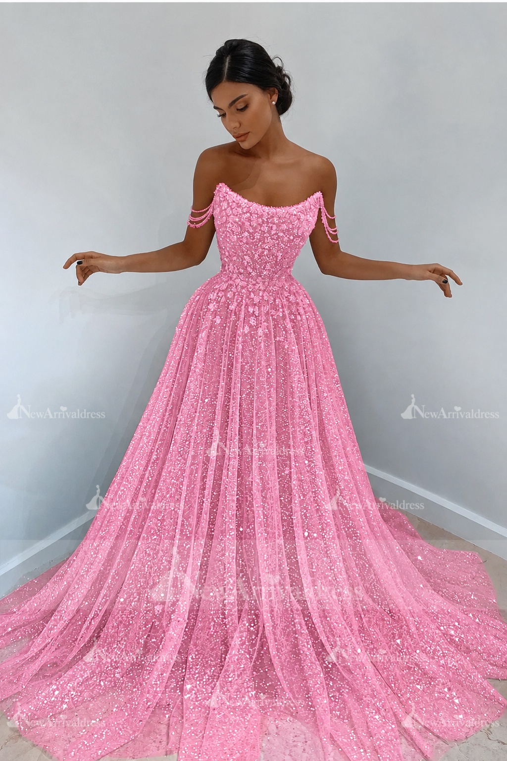 Beautiful Long A-line Sweetheart Sequined Prom Dress Off Shoulder Sky Blue Long Evening Dress