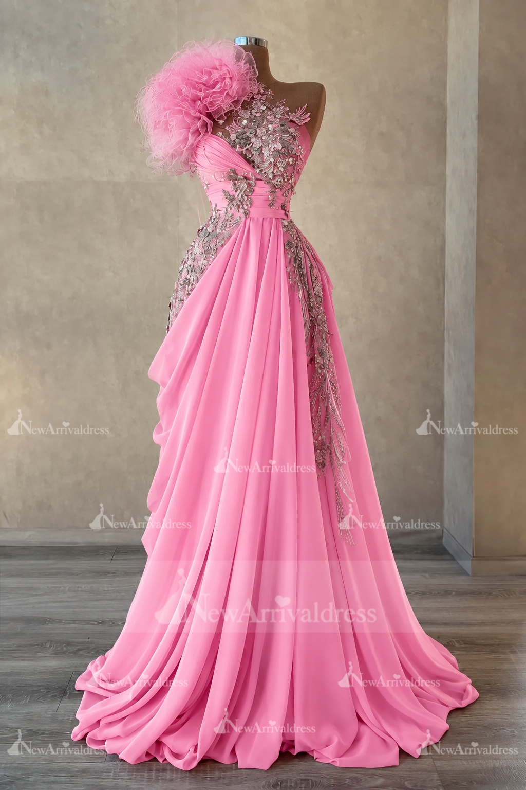 Stunning One Shoulder Flowers Ruched Satin Evening Dress Appliques Aline Party Dress