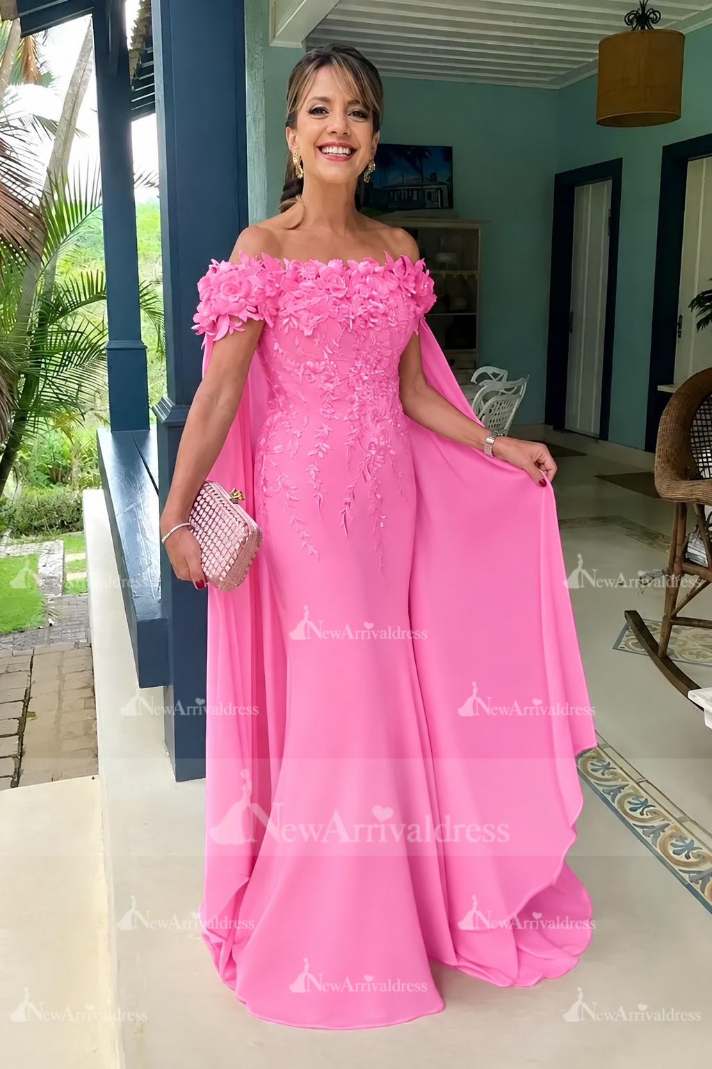 Off-the-Shoulder Pink Chiffon Flowers Long Mother of the Bride Dress with Cape