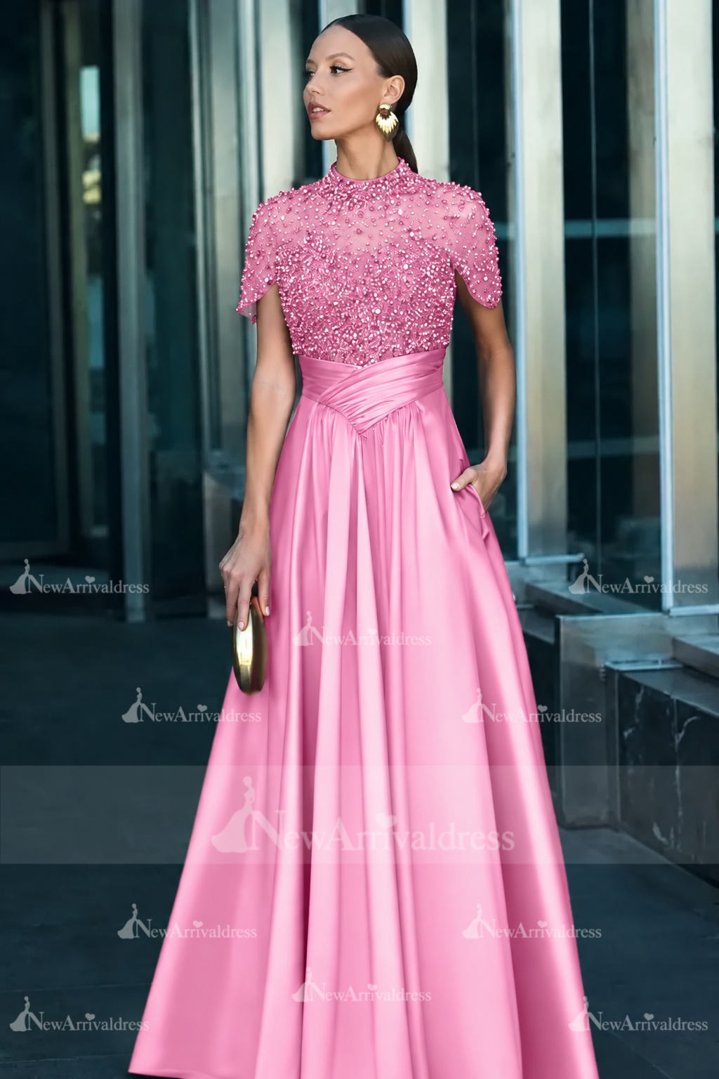Dark Green Short Sleeves  Satin A-line Evening Dress with Beadings