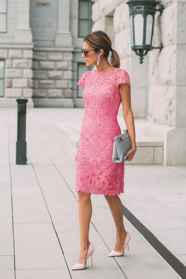Lace Blushing Pink Formal Dresses | Knee Length Wedding Party Dress Online