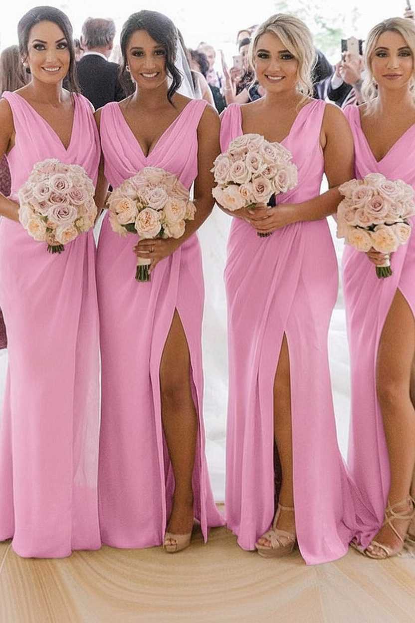 Elegant Chiffon Long Bridesmaid Dress Sleeveless Side Slit Wedding Guest Dress