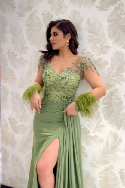 Stunning Beadings Satin Evening Dress Long Sleeves Side Split Sage Prom Dress with Feather