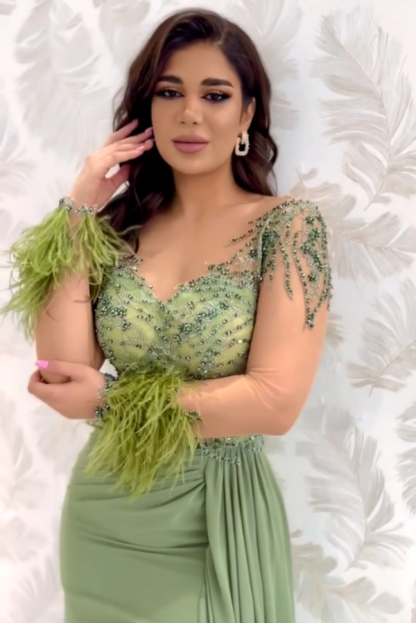 Stunning Beadings Satin Evening Dress Long Sleeves Side Split Sage Prom Dress with Feather