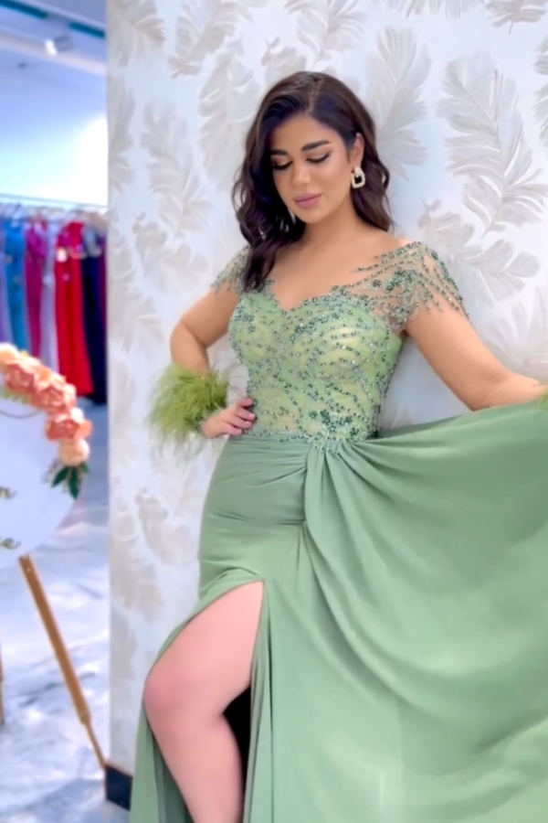 Stunning Beadings Satin Evening Dress Long Sleeves Side Split Sage Prom Dress with Feather