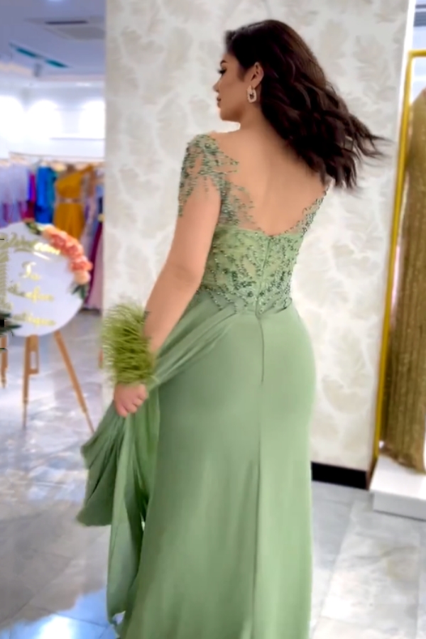 Stunning Beadings Satin Evening Dress Long Sleeves Side Split Sage Prom Dress with Feather