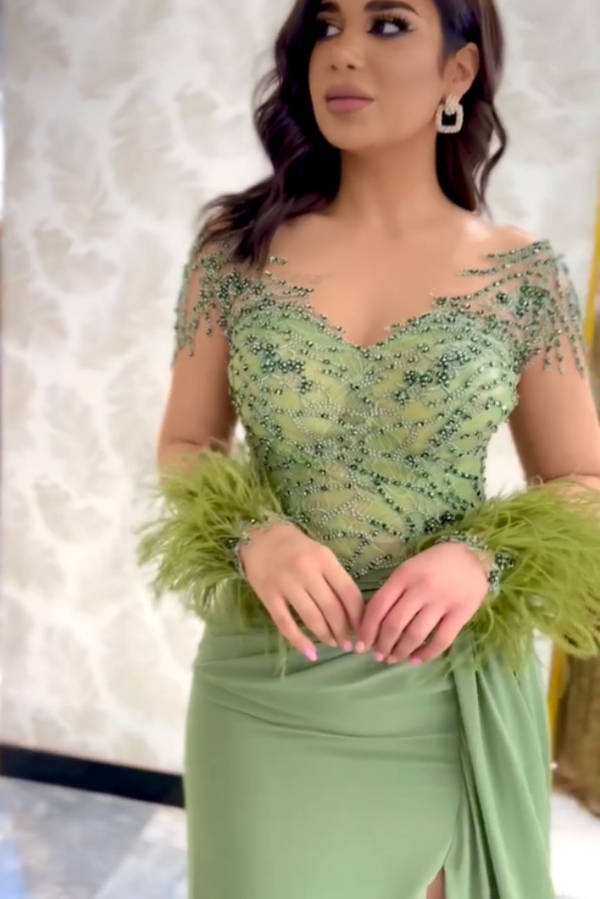 Stunning Beadings Satin Evening Dress Long Sleeves Side Split Sage Prom Dress with Feather