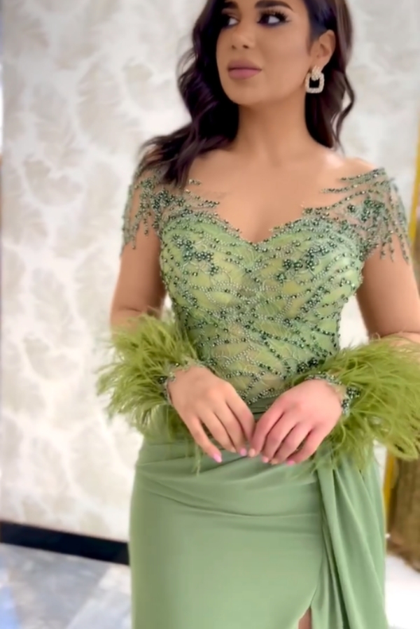 Stunning Beadings Satin Evening Dress Long Sleeves Side Split Sage Prom Dress with Feather