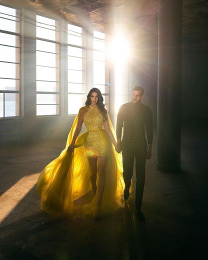 Charming Halter Crystals Hi-Lo Prom Dress Sleeveless Yellow Evening Dress with Cape-newarrivaldress