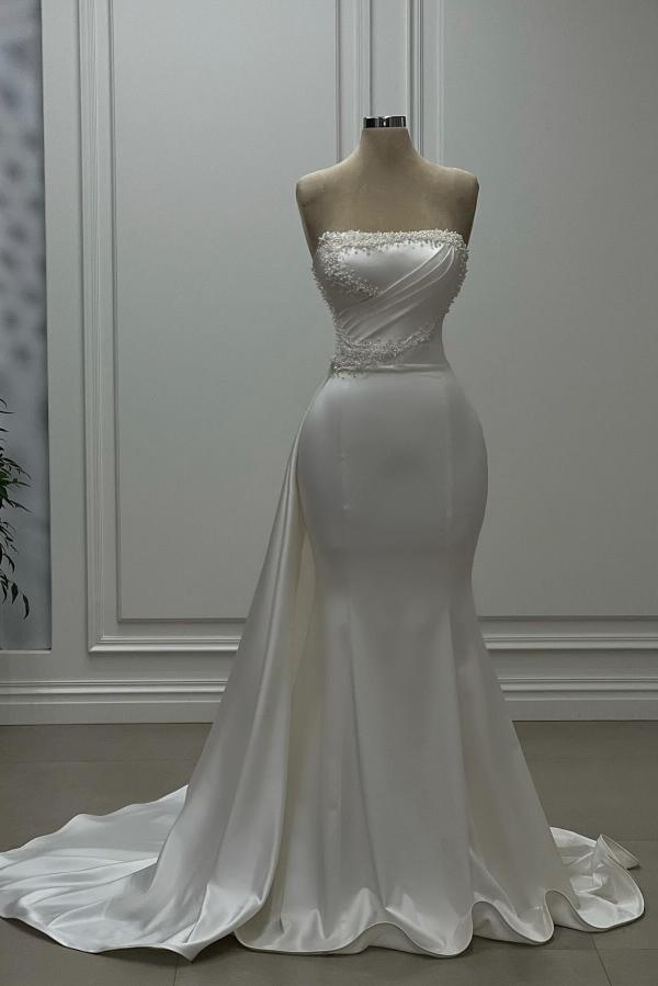 Strapless White Satin Beadings Mermaid Prom Dress with Sweep Train-newarrivaldress