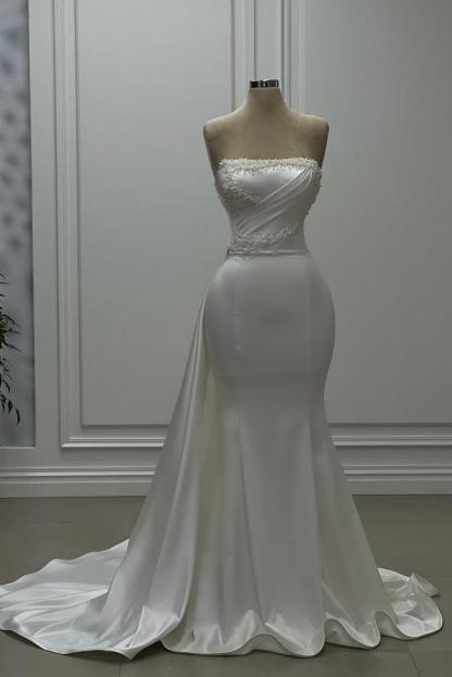 Strapless White Satin Beadings Mermaid Prom Dress with Sweep Train-newarrivaldress