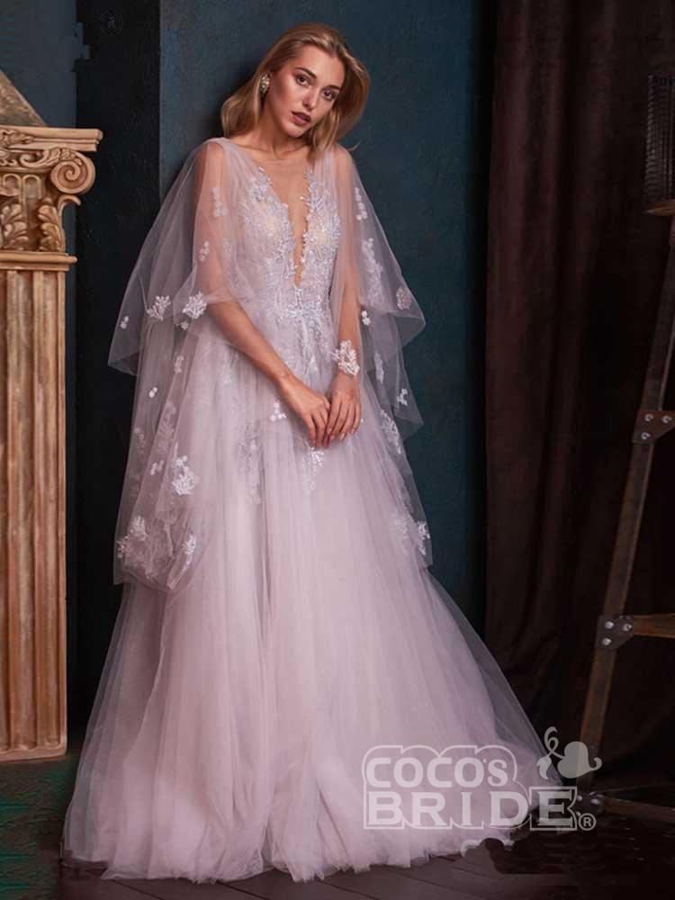 Romantic Deep V-Neck Aline Wedding Dress with Sweep Wrap-newarrivaldress