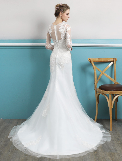 Mermaid Wedding Dresses Long Sleeve Ivory Lace Illusion Train Bridal Gowns-newarrivaldress