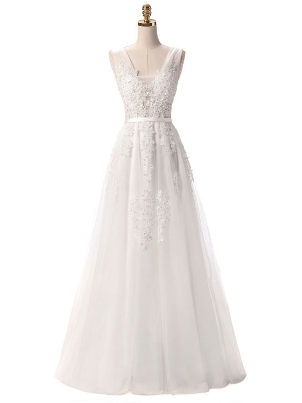 Prom Dress V Neck A Line Sleeveless Floor Length Lace Applique Party Dresses-newarrivaldress