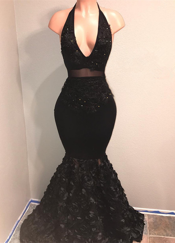 Black V-Neck Prom Dresses | Mermaid Evening Gown With Flowers Bottom BA9153-newarrivaldress