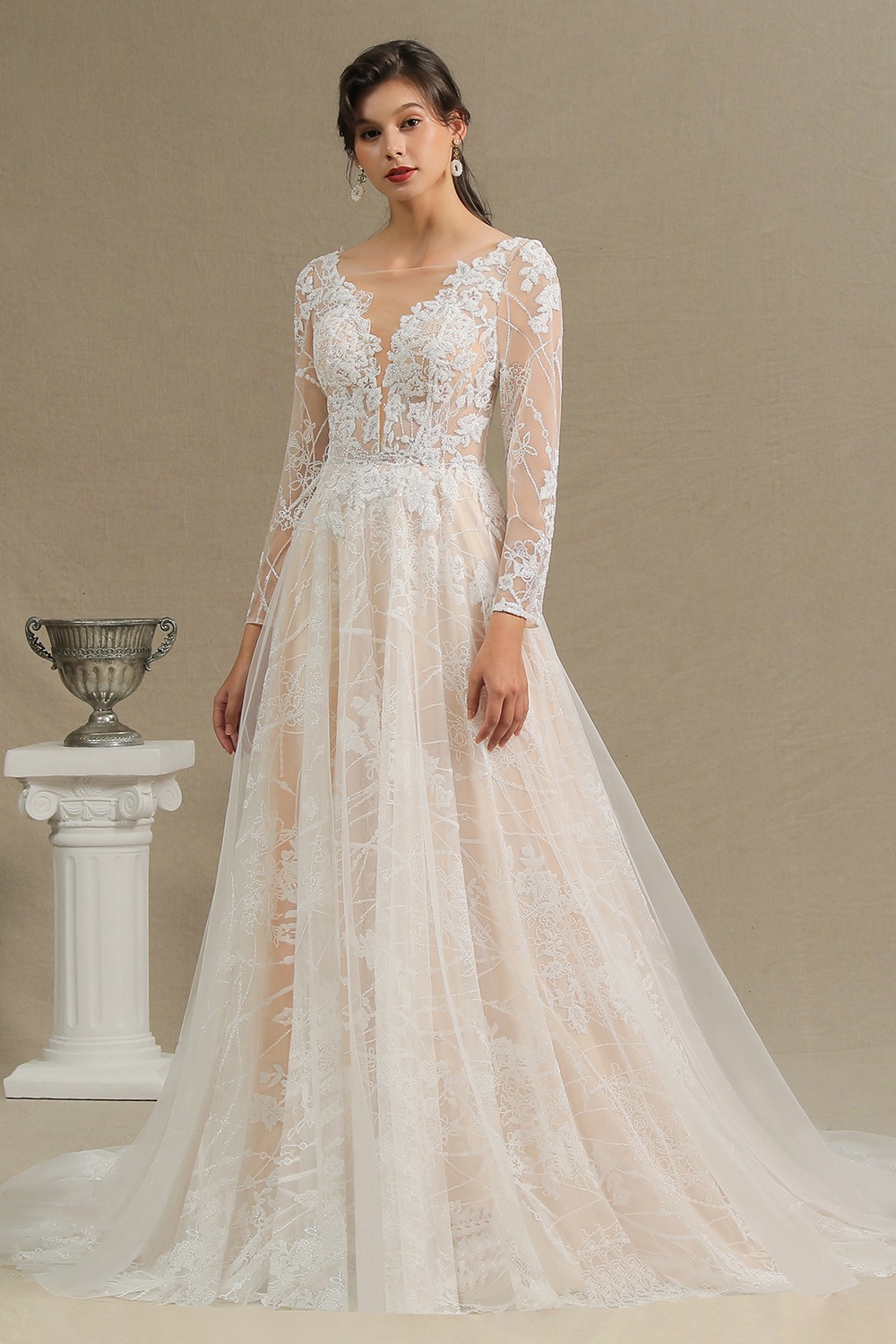 Glamorous Ivory Lace Appliques Wedding Dress Tulle Long Sleeve Bridal Gowns-newarrivaldress