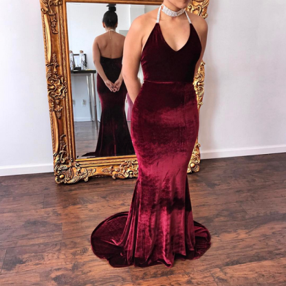 Halter Open Back Mermaid Velvet Evening Dresses | Sexy Sleeveless Sheath Prom Gowns-newarrivaldress