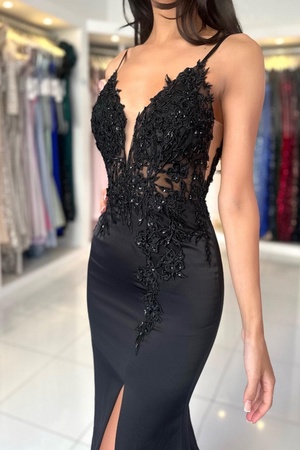 Chic Black Sleeveless Lace Mermaid Prom Dress Front Split Floor Length Party Dress with Spaghetti Straps-newarrivaldress