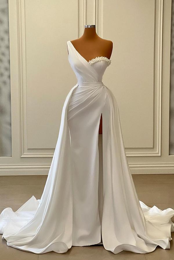 Elegant One Shoulder White Long Prom Dress Ruched Satin Mermaid Evening Gown with Sweep Train-newarrivaldress
