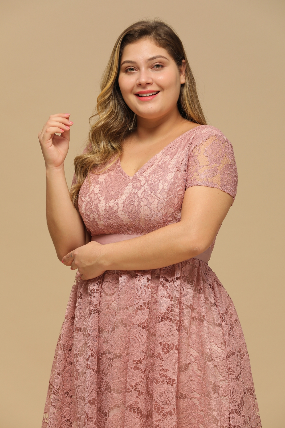 Burgundy Short Sleeves Flower Lace V-neck Dresses with Sash-newarrivaldress