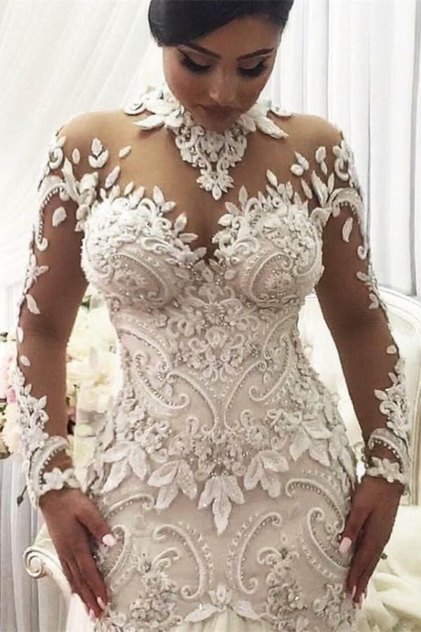 Sexy Mermaid Lace Wedding Dresses | Gorgeous Long Sleeve High-Neck Bridal Gown-newarrivaldress