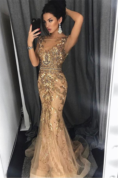 Gold Applique Straps Sleeveless Tulle Sexy Mermaid Prom Dress-newarrivaldress