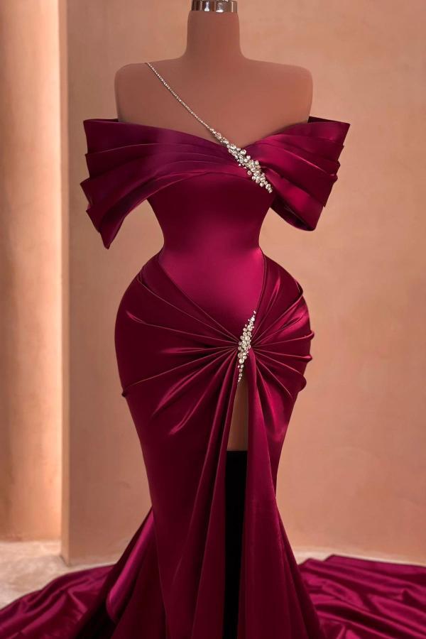 Stylish Off-the-Shoulder Front Slit Satin Long Evening Dress with Glitter Beadings-newarrivaldress