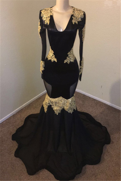 Black Mermaid V-neck Long Sleeve Prom Dresses | Gold Appliques Evening Gowns-newarrivaldress