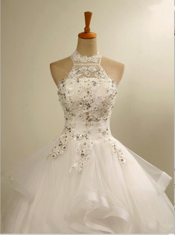 High Neck Lace Appliques Beads Sleeveless Ruffles Ball Gown Wedding Dresses-newarrivaldress