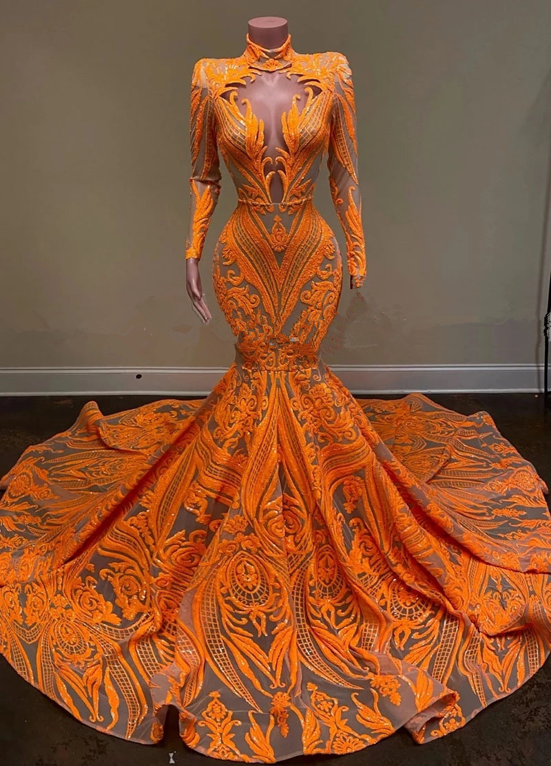 Orange High Neck Long Sleeve Glitter Mermaid Prom Dresses-newarrivaldress