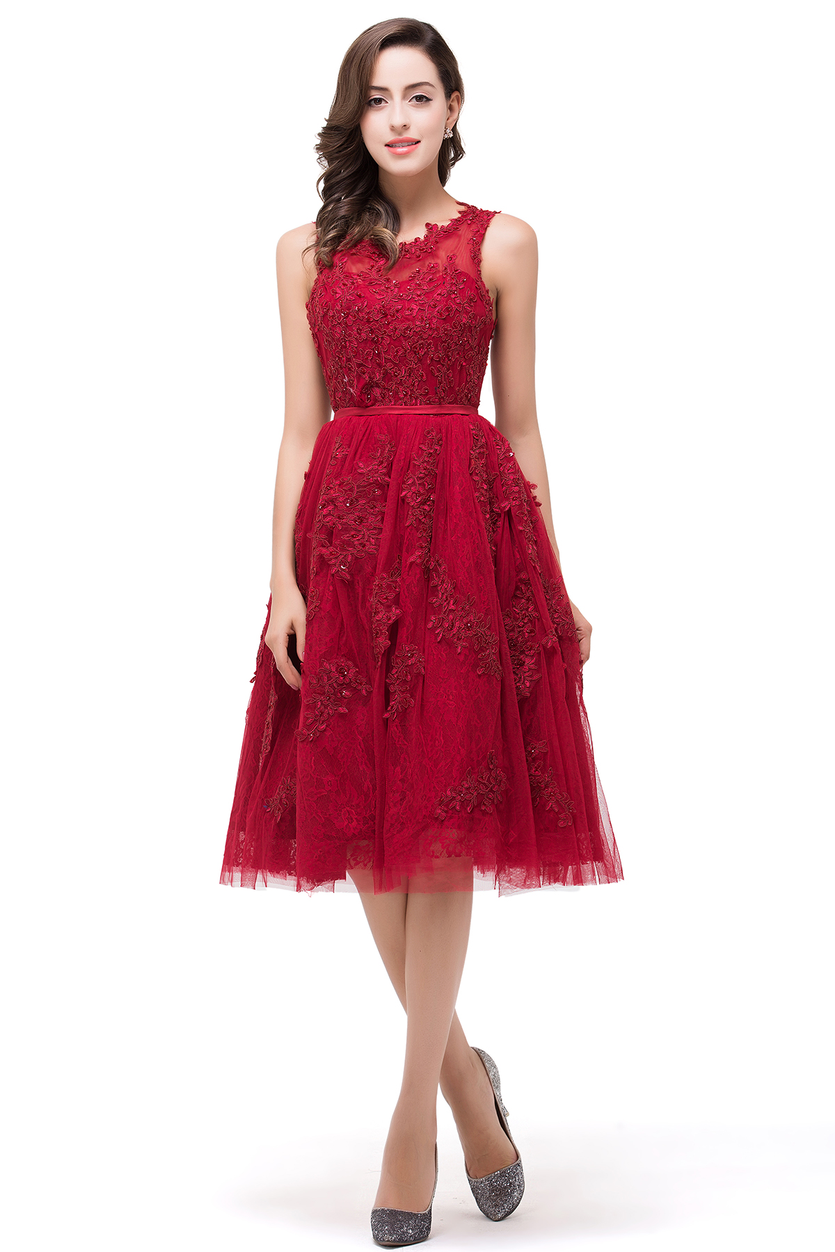 DANA | A-Line Knee-Length Red Lace Tull Prom Dresses with sequins-newarrivaldress