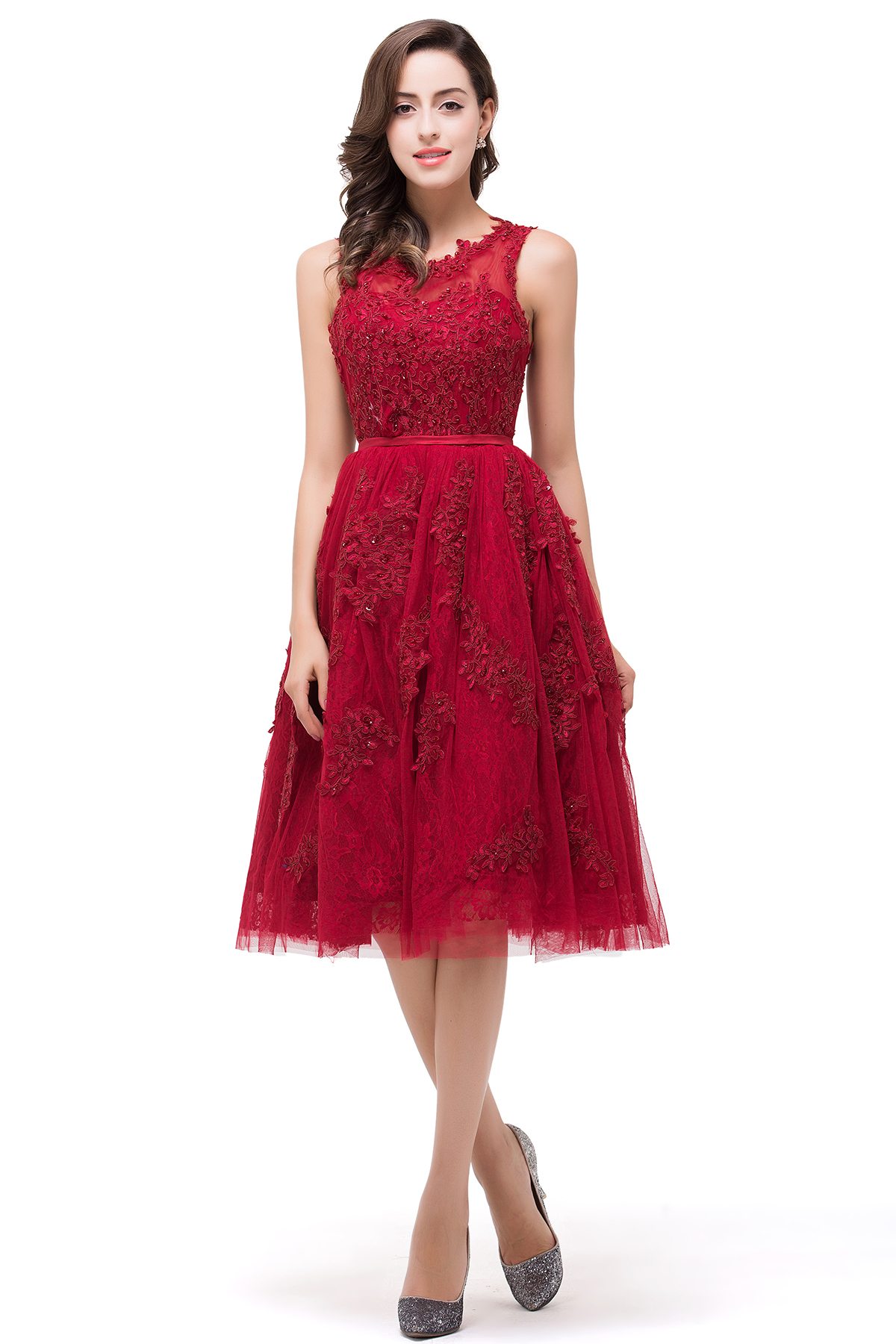 DANA | A-Line Knee-Length Red Lace Tull Prom Dresses with sequins-newarrivaldress
