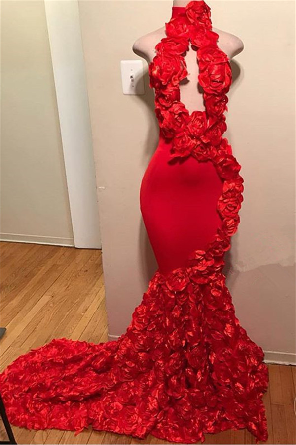 Glamorous Red Halter Flowers Sleeveless Mermaid Prom Dresses-newarrivaldress
