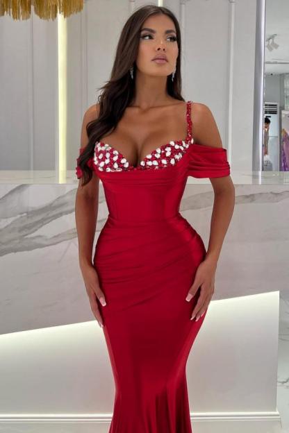 Off-the-Shoulder Red Ruched Satin Mermaid Prom Dress Beadings Bodycon Party Dress with Spaghetti Straps-newarrivaldress