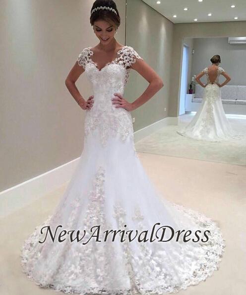 Cap Sleeve Lace Appliques Wedding Dresses | Sheath Elegant Bridal Gowns Online-newarrivaldress