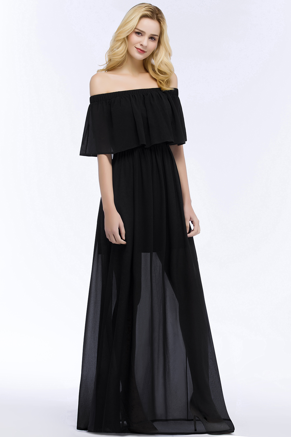 PANDORA | A-line Off-the-shoulder Floor Length Black Chiffon Bridesmaid Dresses-newarrivaldress