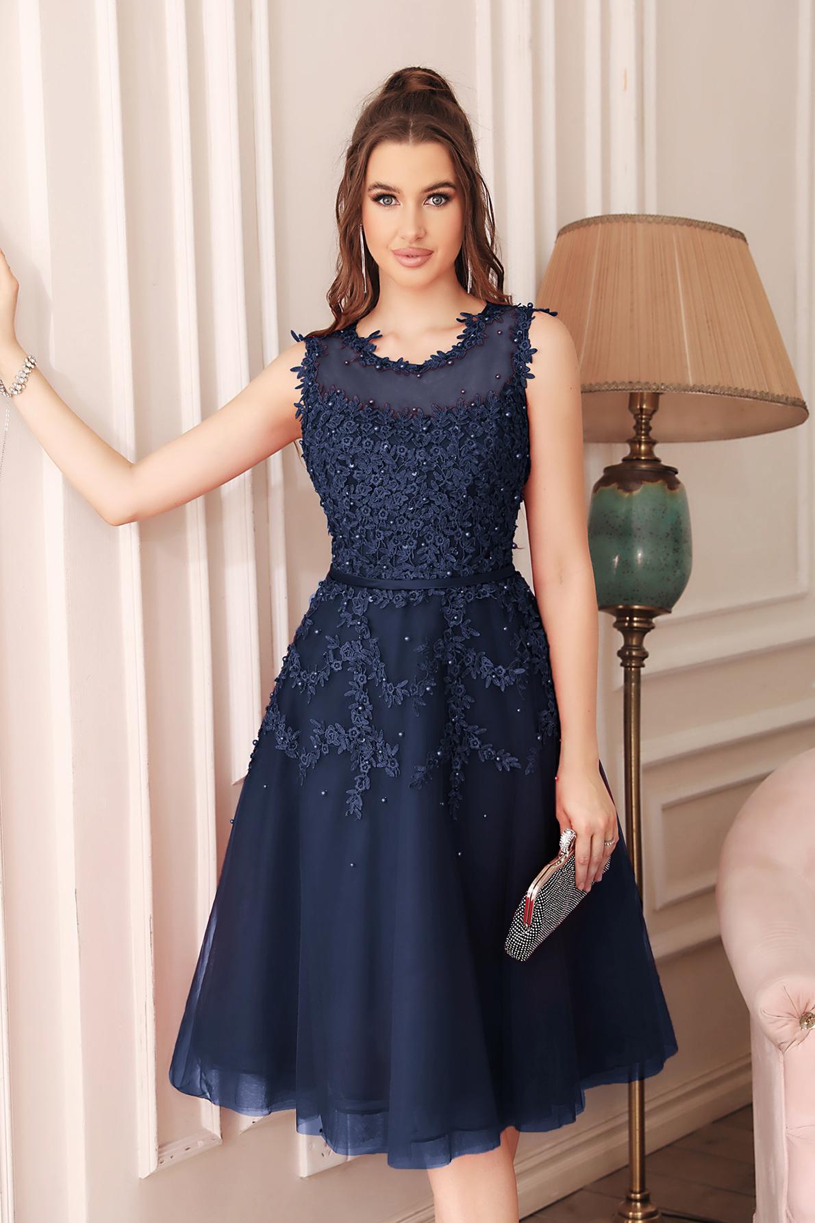 Tea-Length A-line Sheer-Neck Amazing Lace-Appliques Beaded Party Dresses-newarrivaldress