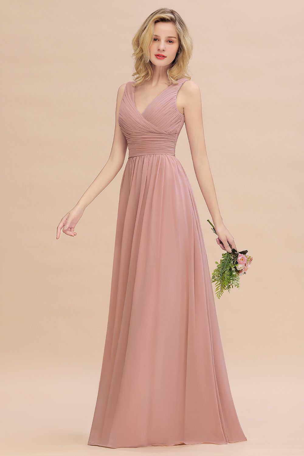 Elegant Dusty Rose Ruffle Chiffon Bridesmaid Dress Aline Sleeveless Wedding Party Dress-newarrivaldress