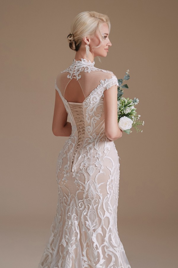 Cap Sleeves Mermaid Wedding Dress High Neck Floral Lace Bidal Dress-newarrivaldress