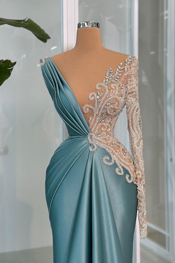 One Shoulder Ruched Saitn Mermaid Prom Dress Glitter Floral Lace Long Evening Gowns-newarrivaldress