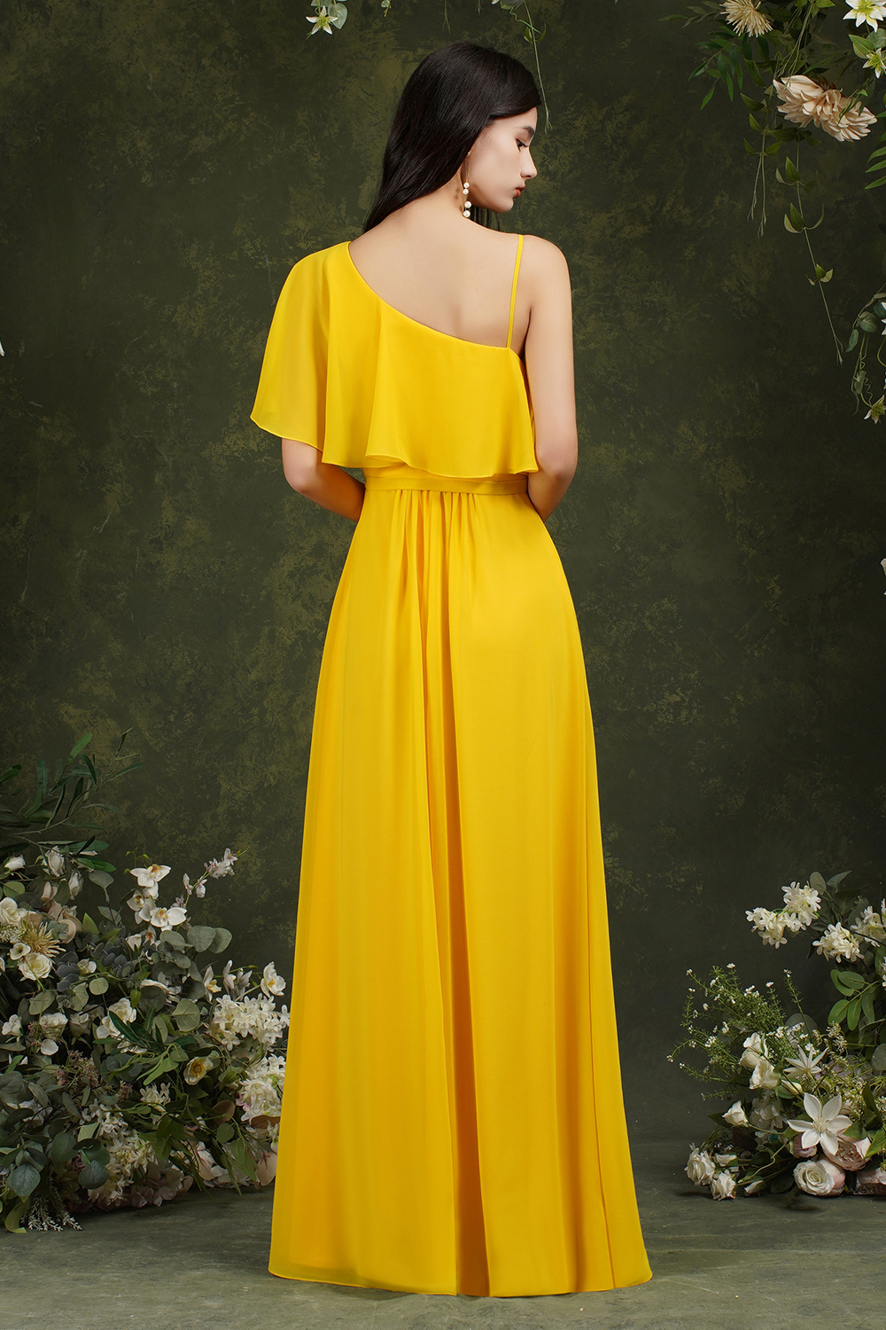 Yellow One Shoulder Chiffon Bridesmaid Dress Side Slit Long Evening Dress-newarrivaldress
