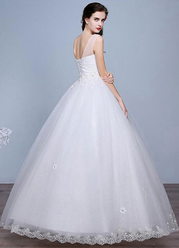 Ivory Wedding Dress Lace Sleeveless V Neck Rhinestones Beaded A-Line Floor Length Bridal Gown-newarrivaldress