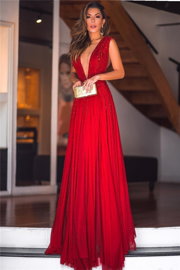 Sexy Deep V-Neck Beading Evening Dresses | Sleeveless Chiffon Long Prom Dresses-newarrivaldress