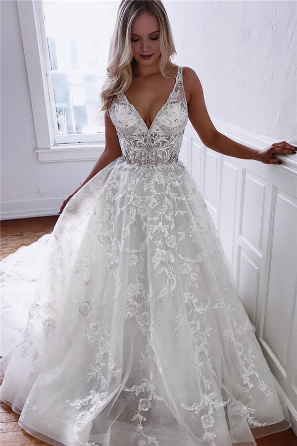Amazing Straps Crystals Belt White Wedding Dresses | V-Neck Appliques Lace Bridal Gowns-newarrivaldress